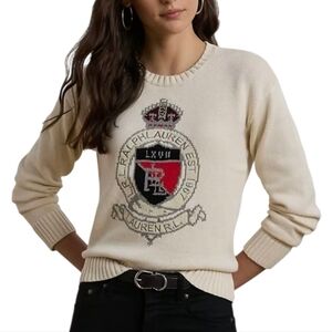 Lauren Ralph Lauren Cream Intarsia-Knit‎ Crest Cotton Sweater Plus Size XXL NEW